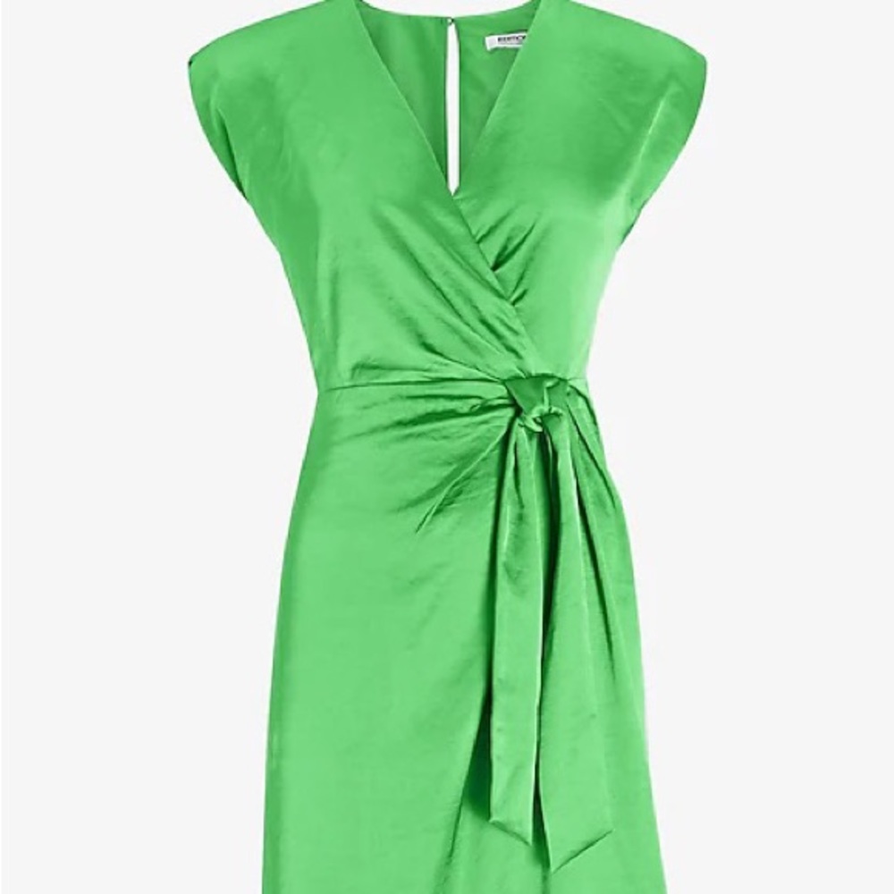 Express Limited Edition Satin Strong Shoulder Tie Waist Mini Dress S Green $88